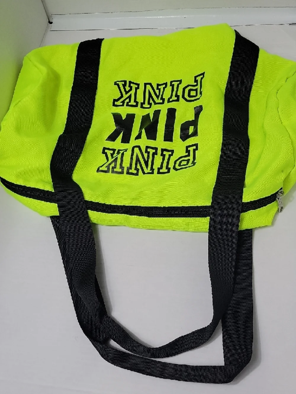 PINK Victoria's Secret Neon Yellow Duffel Bag with Black Straps - Picture 4 of 7